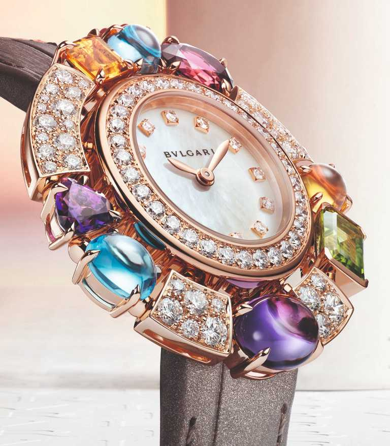 BVLGARI「ALLEGRA」系列，玫瑰金彩寶腕錶，36mm，玫瑰金錶殼，自製精準石英機芯╱896,000元。（圖╱BVLGARI提供）
