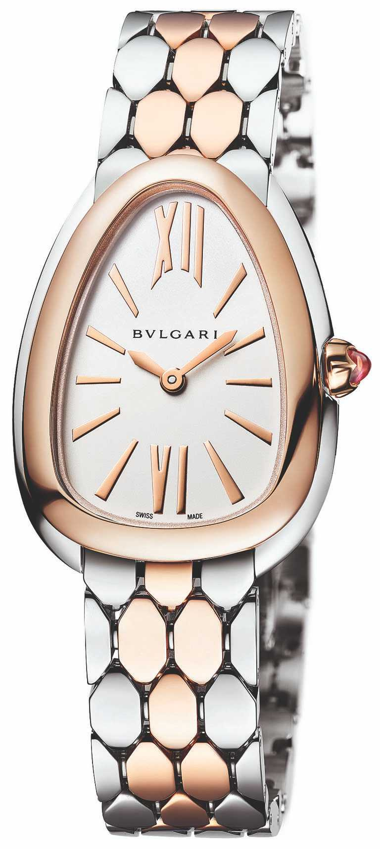 BVLGARI「Serpenti Seduttori」玫瑰金與精鋼腕錶，33mm，精鋼錶殼搭配玫瑰金錶圈，寶格麗自製精準石英機芯╱251,600元。（圖╱BVLGARI提供）