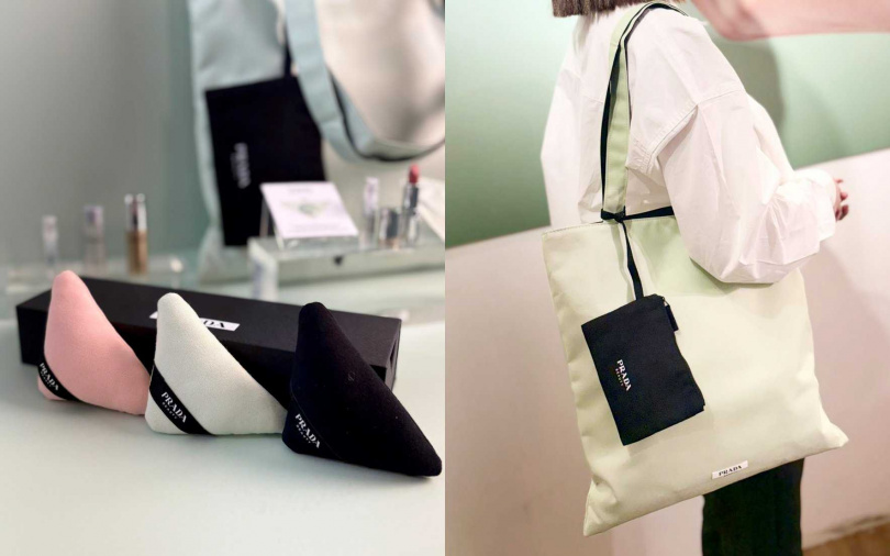 全台專櫃及官網消費滿12,000元即贈限量「PRADA擴香氣墊禮盒」、台北忠孝SOGO&台南新光三越西門新天地消費滿6,500元的禮物是「PRADA顛覆綠托特包」也太讚!(圖/吳雅鈴攝)