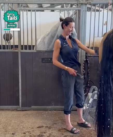 女子在馬廄工作，大白馬舔舐她的脖子。（圖／翻攝自臉書）
