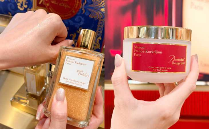 Maison Francis Kurkdjian 540水晶之燄奢潤身體乳霜 200ml/6,400元、自由之我(金) 閃亮身體潤膚油 200ml/8,400元(圖/廖怡婷 攝)
