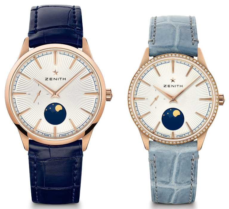 ZENITH「ELITE系列」月相對錶，18K玫瑰金錶殼╱（左）510,900元；（右）446,700元。（圖╱ZENITH提供）