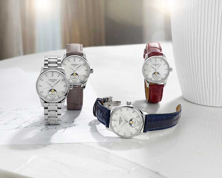 LONGINES「Master巨擘」系列月相女士腕錶，可選擇搭配紅色、藍色、褐灰色的皮革錶帶。（圖╱LONGINES提供）