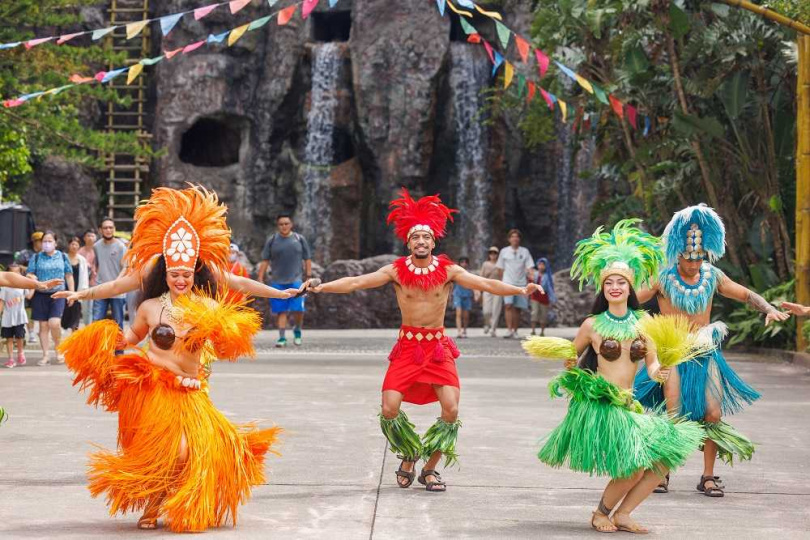 六福村重金禮聘來自南太平洋薩摩亞族來台，穿上鮮豔草裙舞展現經典夏威夷舞蹈及精彩舞棍技藝。