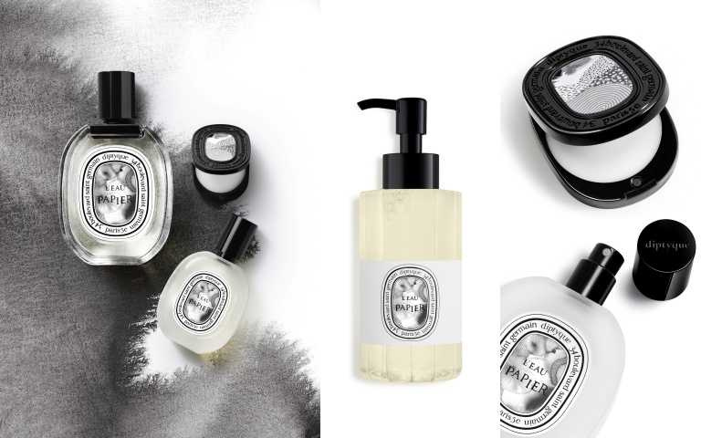 Diptyque 紙染之水髮香噴霧 – 30ml/2,150元；Diptyque 紙染之水潔膚露200ml/1,650元；Diptyque 紙染之水香膏 3g/2,200元；Diptyque 紙染之水香膏補充 3gx2/1,400元 （圖／品牌提供）