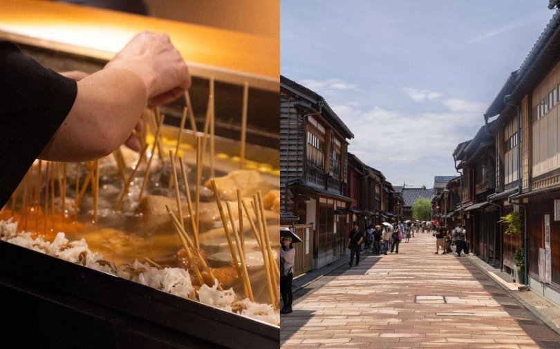 (左)創業近百年的金澤Oden赤玉本店,堪稱金澤關東煮代表,以昆布與煮干熬製清澈高湯,風味清爽卻餘韻悠長、(右)「東茶屋街」是金澤最具代表性的歷史街道之一。(圖/業者提供)