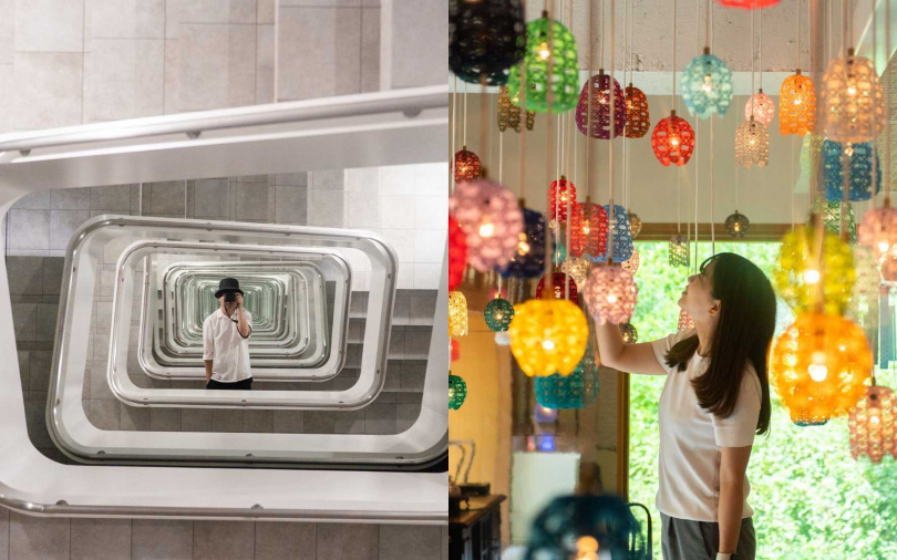 (左)「KAMU Center」展出阿根廷藝術家Leandro Erlich著名的鏡像裝置《無限階梯》、(右)「自遊花人水引博物館」以紅白繩結文化為主題,將200 多條水引懸掛裝置在光影中展現出夢幻空間。(圖/業者提供)