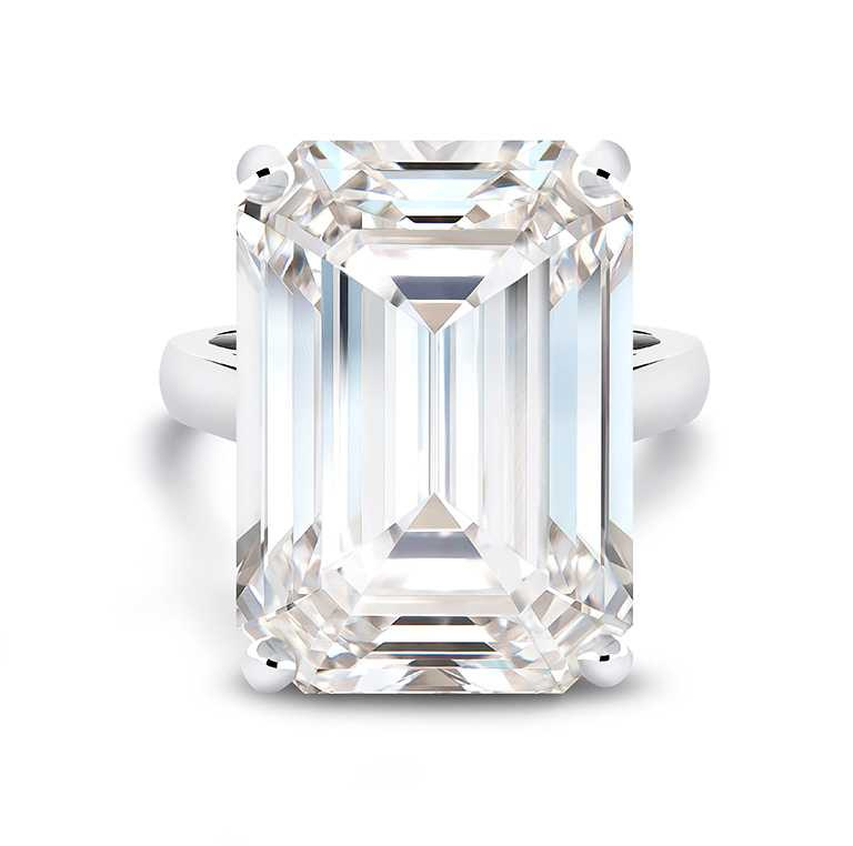 DE BEERS高級珠寶，鉑金祖母綠式切割鑽石戒指，主鑽26.07克拉╱價格店洽。（圖╱DE BEERS提供）
