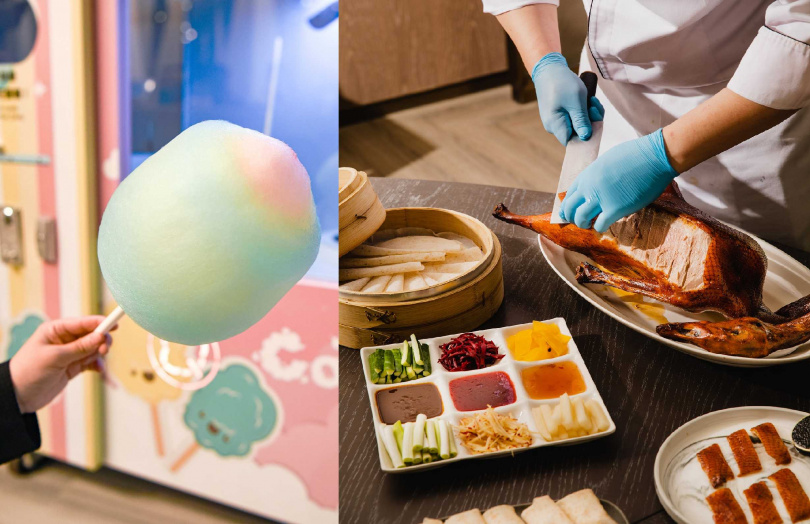 Market Flavor悅市集將進駐自動棉花糖機（左），Quin Ya青雅中餐廳則推出手推彈珠台活動，有機會獲得大獎「嫣紅鵝」。（圖／台北新板希爾頓酒店提供）