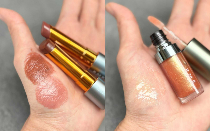 RMK絲絨光彩口紅#EX-04&#EX-05/1,450元、透光唇蜜#EX-04/1,200元(圖/吳雅鈴攝)