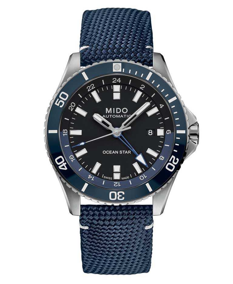 MIDO「Ocean Star GMT海洋之星兩地時區腕錶」，不鏽鋼錶殼，44mm╱37,300元。（圖╱MIDO提供）