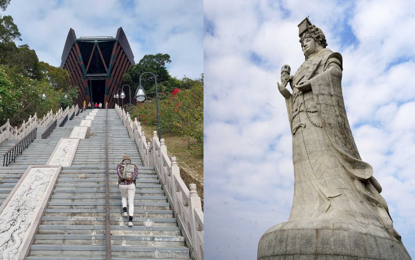 朝聖媽祖巨神像前先爬上逾百階階梯（左），穿過船型瞭望台即可看見媽祖巨神像。
