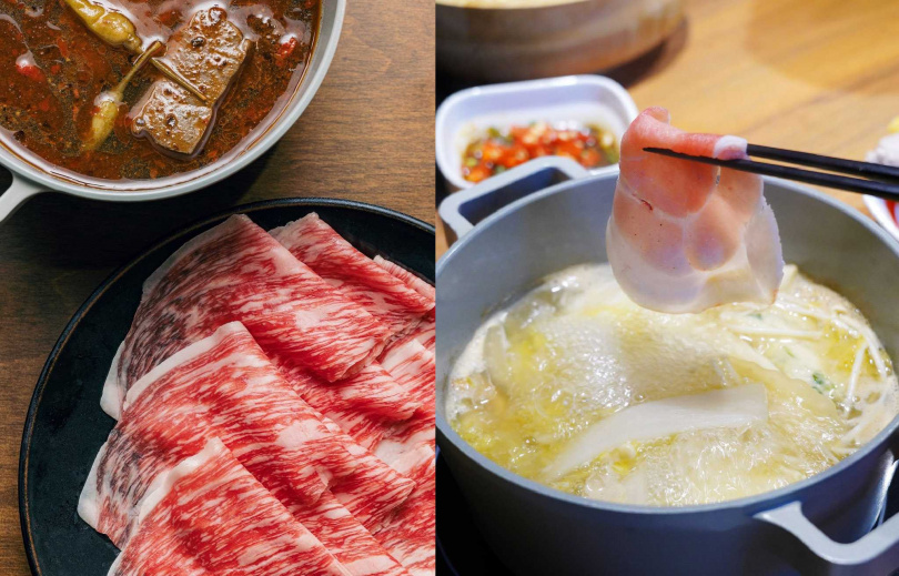 泡椒麻辣湯與日本尾崎和牛（左，圖／肉大人提供），右為台灣究好豬帶皮五花涮入酸白菜鍋。（圖／魏妤靜攝）