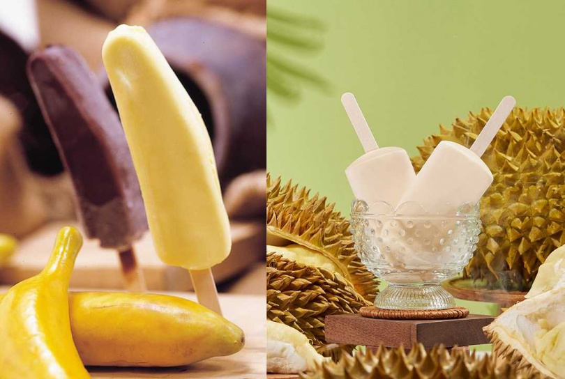 枝仔冰城經典冰品「卡哇伊造型香蕉脆皮雪糕」（左）及今夏新品「濃厚榴槤雪糕」。