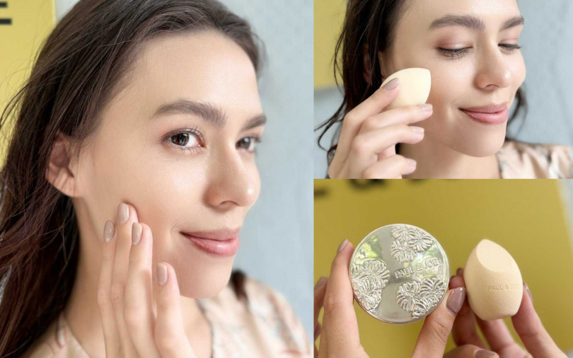 糖瓷珍珠粉底霜的好搭檔就是糖瓷親親美妝蛋！可乾濕兩用，乾用打造霧光柔焦底妝、濕用拍出水潤光澤妝感。（圖／吳雅鈴攝）