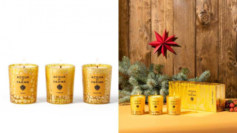 Acqua di Parma 金色假期香氛蠟燭禮盒(靜謐雪松|濃情潘尼|甜蜜托尼) 70G*3/5,700元(圖/品牌提供)
