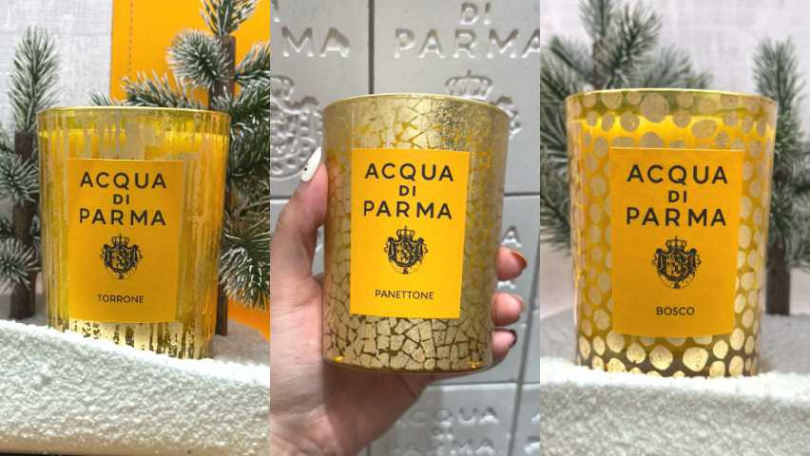 Acqua di Parma 靜謐雪松金色假期限量版香氛蠟燭200G/3,400元、濃情潘尼金色假期限量版香氛蠟燭200G/3,400元、甜蜜托尼金色假期限量版香氛蠟燭200G/3,400元(圖/廖怡婷 攝)