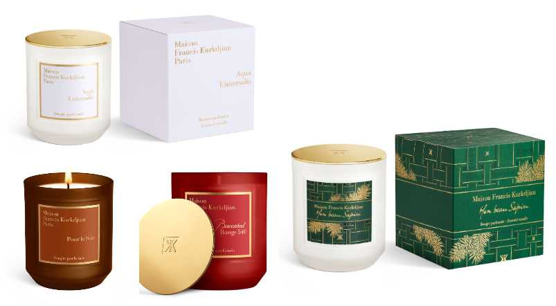 Maison Francis Kurkdjian 2025 Mon beau Sapin限量耶誕冷衫蠟燭 300g/4,180元、永恆之水蠟燭 300g/4,500元、水晶之燄蠟燭 300g/4,900元、深宵印象蠟燭300g/4,500元(圖/品牌提供)