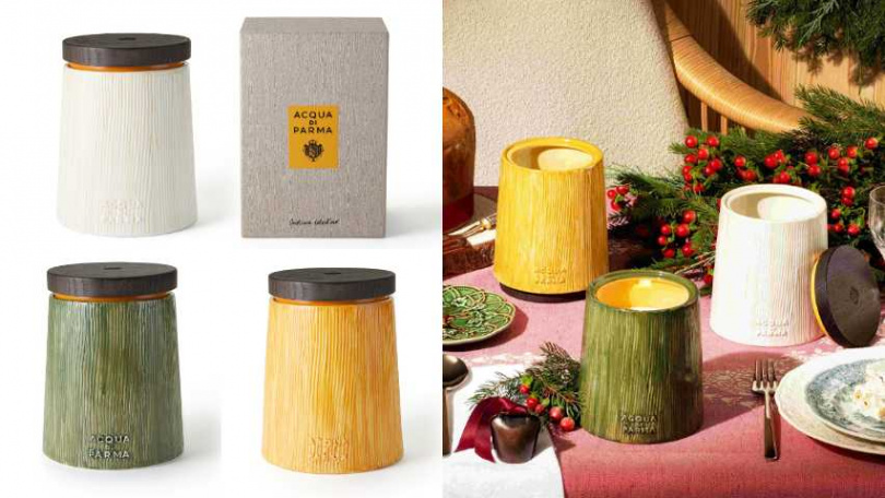 Acqua di Parma 濃情潘尼金色假期工藝限量版香氛蠟燭500G/22,800元、甜蜜托尼金色假期工藝限量版香氛蠟燭500G/22,800元、靜謐雪松金色假期工藝限量版香氛蠟燭500G/22,800元(圖/品牌提供)
