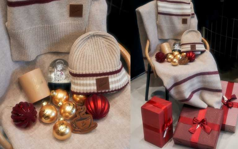 米紅條紋羊毛圍巾 5,300元;米紅條紋羊毛毛帽 3,300元;米紅條紋羊毛被毯 7,900元;金色聖誕樹裝飾球 1,800元;雪人狐狸咖啡師雪球 1,600元(圖/品牌提供)