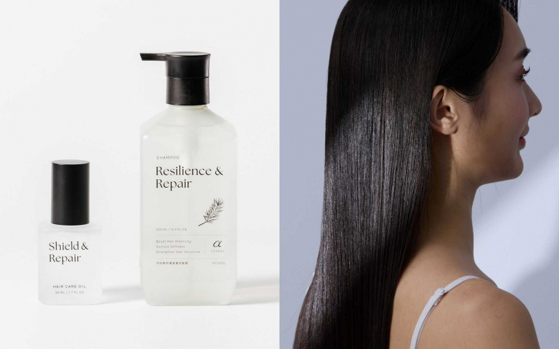VCool雪松醇修護重建組/1,860元 內含VCool 雪松醇修護滋養洗髮精500ml+VCool修護芯⽣抗熱護髮油50ml。(圖/品牌提供)