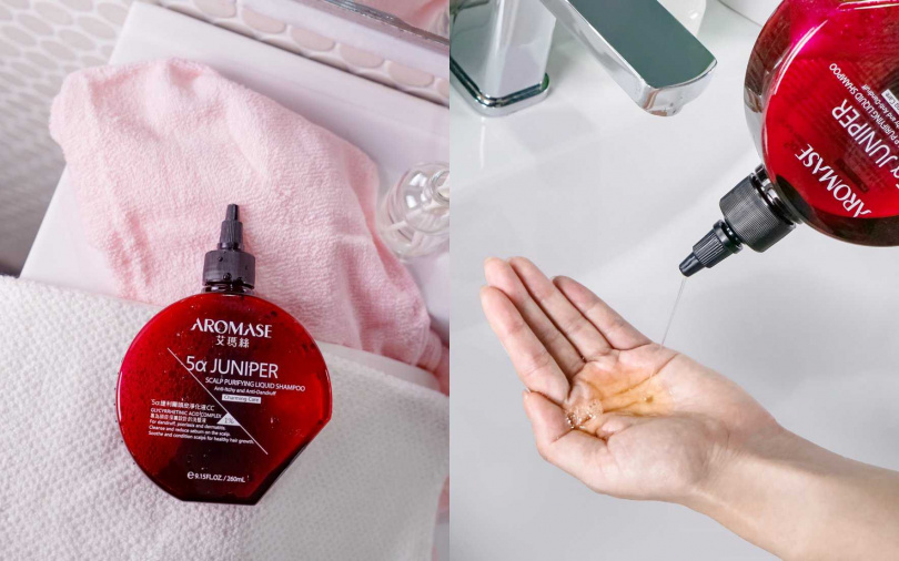先用「艾瑪絲5α捷利爾頭皮淨化液」淨化頭皮角質與油垢,減少頭皮細菌增生的風險。(圖/品牌提供)