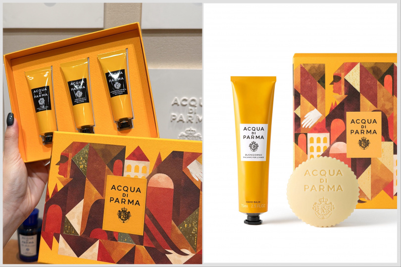 Acqua di Parma《斯普雷扎圖拉大飯店》護手霜禮盒,30ml×3/5,200元。Acqua di Parma《斯普雷扎圖拉大飯店》早安手部呵護禮盒,護手霜75ml+香皂155g/3,800元(圖/tingting攝、品牌提供)