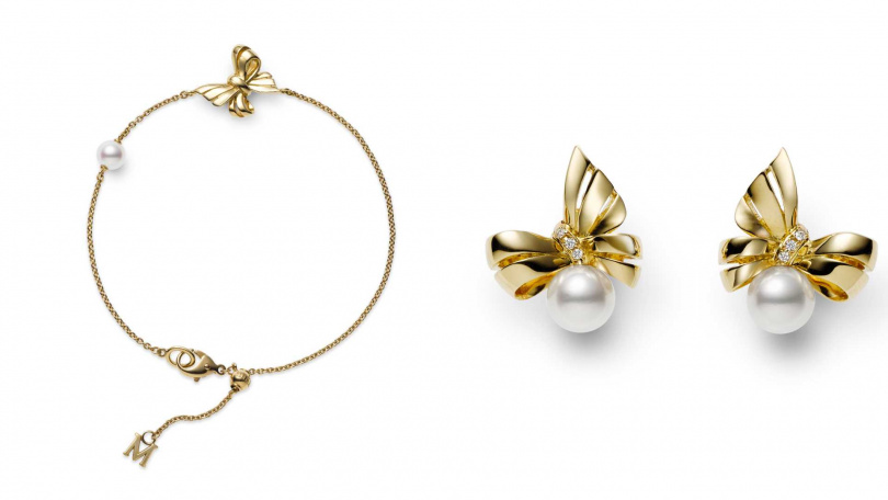 MIKIMOTO Jeux de Rubans 18K黃金珍珠手鍊、18K黃金珍珠針式耳環(圖/品牌提供)
