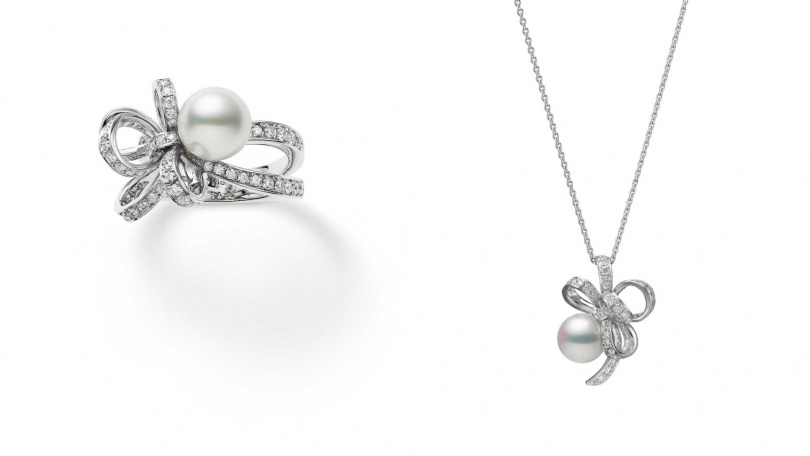 MIKIMOTO Jeux de Rubans白金鑽石戒指、白金鑽石墜鍊(圖/品牌提供)