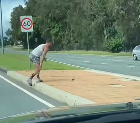 肌肉男幫小鴨過馬路。（圖／翻攝自臉書）