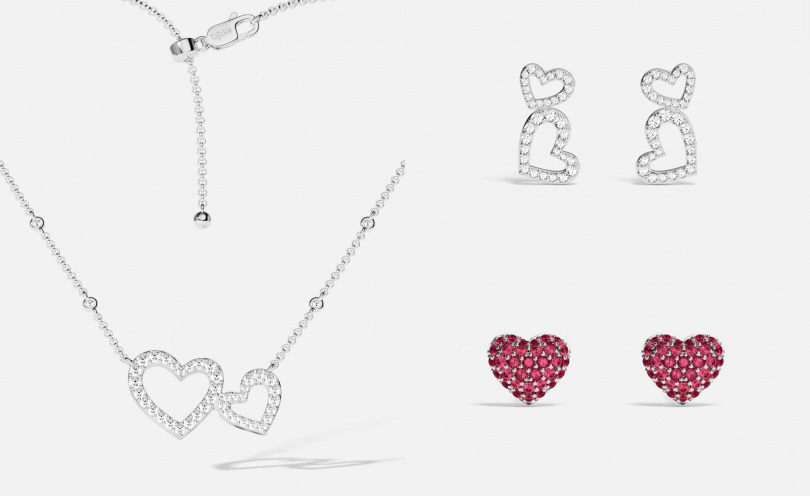 愛心可調節項鍊/4,000元,愛心耳環/3,000元,紫紅色愛心耳釘/2,800元(圖/品牌提供)