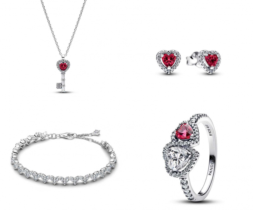 心之鎖鑰項鏈/3,480元、鮮明之心耳環/2,680元、三角心形手鏈/5,580元、偏愛之心鑲邊戒指/3,680元(圖/品牌提供)