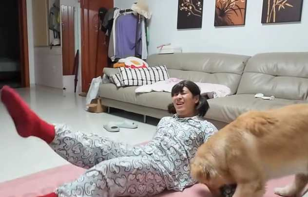 狗狗在幫主人虐腹。(圖/翻攝自臉書)