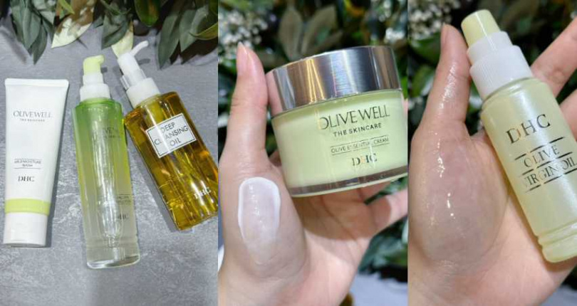 DHC OLIVE WELL純橄情鑽石精華露 150mL／1,180元、胺基酸嫩膚潔面乳100g／550元、純橄情煥采精華霜 50g／1,480元、純橄情煥采精華 30ml／1,320元（圖／廖怡婷 攝）