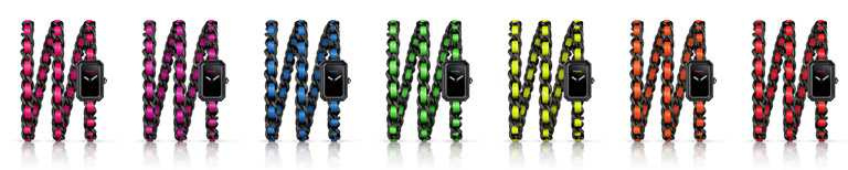 CHANEL「Première Electro Box」套組腕錶，7只「Première」腕錶，螢光粉紅、紫色、藍色、綠色、黃色、橘色或紅色皮革，交織經黑色ADLC類鑽碳處理精鋼三圈錶鍊，限量5套╱價格未定。（圖╱CHANEL提供）