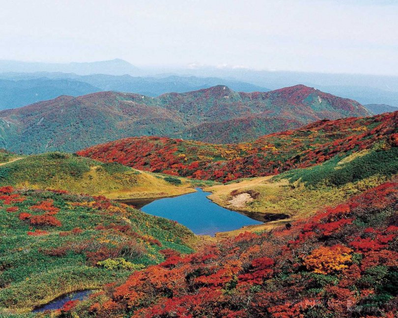  燒石岳」可以看到不同顏色的紅葉圍繞在湖周圍的山稜景致。  