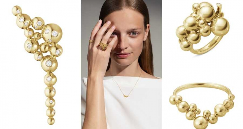MOONLIGHT GRAPES系列18K黃金鑽石垂墜式耳環(總重0.11克拉)／42,600元、MOONLIGHT GRAPES系列18K黃金鑽石葡萄戒指／118,000元、MOONLIGHT GRAPES系列18K黃金葡萄戒指／38,300元（圖／品牌提供）