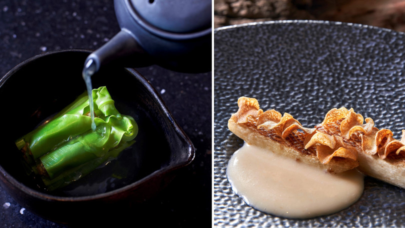 ▲左：赤嘴蛤蠣佐宜蘭蔥蒜台灣黃豆味噌。右：筊白筍佐花蓮糙米麴。（圖／Chefs Club Taipei）