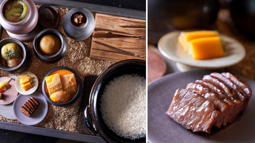 ▲左：土鍋燜台灣德穗米、搭醃漬時蔬、豬肉。右：茶香豬頰肉。（圖／Chefs Club Taipei）