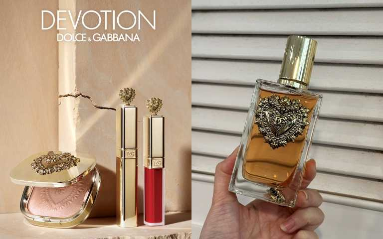 Dolce & Gabbana   DEVOTION 摯愛之心四大新品包括「摯愛女性淡香精」、「摯愛濃密睫毛膏」、「摯愛美肌無瑕亮彩餅」以及「摯愛柔霧慕斯唇釉」。（圖／品牌提供、黃筱婷攝）