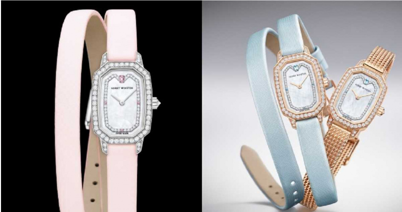 海瑞溫斯頓印記Emerald系列 18毫米腕錶，最能展現日常的時尚風格與品味，印記Emerald系列腕錶18K白金亦或18K玫瑰金錶盤上的傾斜側面猶如精心雕琢的寶石刻面，營造出深邃、立體的意境。錶盤悉心鑲嵌一顆粉紅剛玉或海水藍寶，腕錶的3、6、9點鐘位置鑲嵌的璀璨鑽石令錶盤熠熠閃耀，彰顯簡約與大氣，器展現海瑞溫斯頓對無瑕暇鑽石的熱愛。印記Emerald系列腕錶18K玫瑰金米蘭式織網錶鏈則更加延伸了18K玫瑰金錶盤的璀璨明亮。（圖／品牌提供）