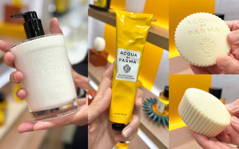 Acqua di Parma早安香氛皂155g／2,000元、早安護手乳330ml／3,600元、早安護手霜75ml／2,000元（圖／吳雅鈴攝）