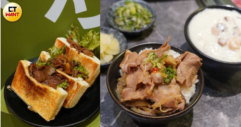 現做並讓大家自由領取的「焦糖牛肉吐司」(左),以及可以白飯搭配薑燒豬肉、壽喜燒牛,或者來一碗「巧達海鮮濃湯」,都是自助吧必拿菜色。(圖/魏妤靜攝)