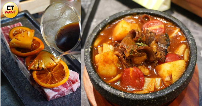 「特上帶骨厚燒牛小排套餐」雙人套餐可吃到果香炙燒(左)、紅酒燉筋兩種吃法。(圖/魏妤靜攝)