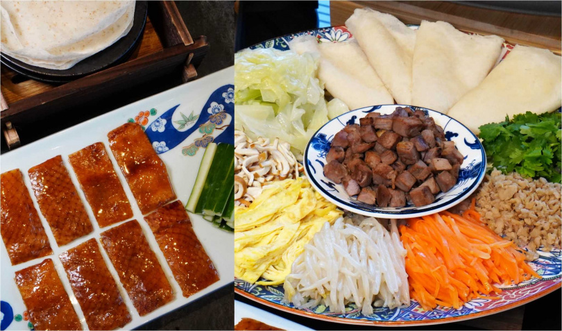 「片皮鴨捲」（左）、「古早味鴨鬆潤餅」可體會到自己動手包捲的樂趣。（圖／魏妤靜攝）