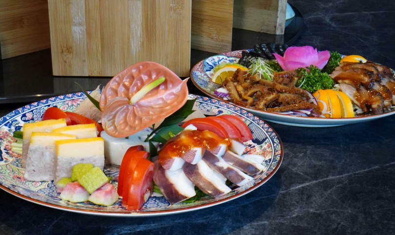 冷食拼盤可從6道經典菜色中選擇3道，其中「手工蟳肉丸」特別具有人氣，「醬漬嫩粉肝」風味細緻。（圖／魏妤靜攝）