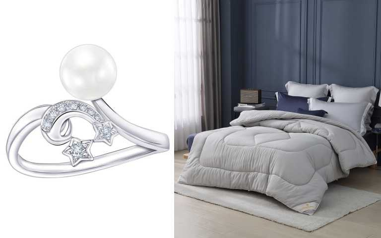 (左)Just Diamond鎮金店 鑽戒 特價14,600元 原價29,200元（5折）；(右)金安德森石墨烯蠶絲可水洗雙人冬被特價3,980元（原價20,800元，2折）。（圖／品牌提供）（圖／業者提供）