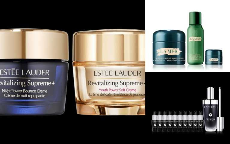 ESTEE LAUDER 日夜年輕膠原精選組 特價6,288元 原價10,480元（6折）；LANCOME 小黑瓶發燒組  特價4,650元 原價12,583元（36折）；LA MER 晚霜人氣60ml組 特價15,800元 原價19,900元（8折）（圖／業者提供）