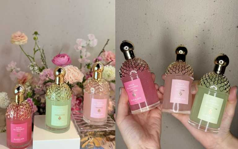 GUERLAIN嬌蘭花草水語潤膚珍珠淡香精晨霧玫瑰／漫天繁花／琢白岩蘭125ml／6,450元。（圖／黃筱婷攝）