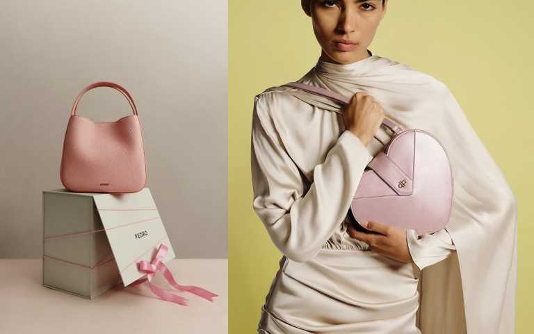 PEDRO Dana皮革水桶包粉色／4,290元。PEDRO心形肩包粉色／2,990元（圖／品牌提供）